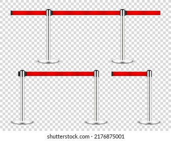 Realistic retractable belt stanchion on transparent background. Crowd control barrier posts with caution strap. Queue lines. Restriction border and danger tape. Vector illustration.