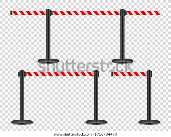 Realistic\
retractable belt stanchion on transparent background. Crowd control\
barrier posts with caution strap. Queue lines. Restriction border\
and danger tape. Vector\
illustration.