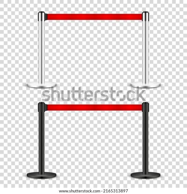 Realistic\
retractable belt stanchion on transparent background. Crowd control\
barrier posts with caution strap. Queue lines. Restriction border\
and danger tape. Vector\
illustration.