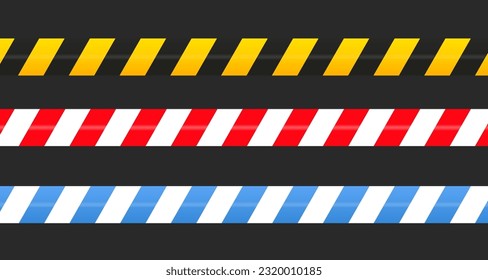 Realistic retractable caution belt. Crowd control strap barrier. Queue lines. Restriction border and danger tape. Vector illustration