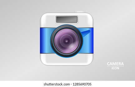 Realistic retro camera icon in bright blue color, realistic lens. Icon for app, photo folder. Vintage photo camera icon.