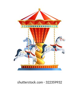 Realistic retro carousel with three colored horses isolated on white background vector illustration