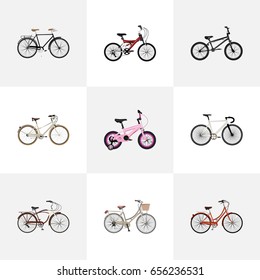 Realistic Retro, Childlike, Journey Bike And Other Vector Elements. Set Of Bike Realistic Symbols Also Includes Adolescent, Stylish, Childlike Objects.
