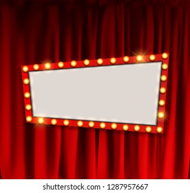 Realistic retro cinema announcement board with bulb frame on curtains background. Vector Illustration EPS10