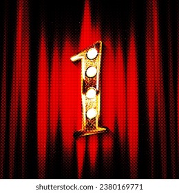 Realistic retro gold lamp bulb font number 1. Part of alphabet in vintage casino and slots style. Vector shine symbol of alphabet with golden light and sparkles on red curtains background show style