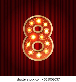 Realistic retro gold lamp bulb font number 8. Part of alphabet in vintage casino and slots style.  Vector shine symbol of alphabet with golden light and sparkles on red curtains background show style