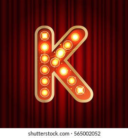 Realistic retro gold lamp bulb font letter K. Part of alphabet in vintage casino and slots style.  Vector shine symbol of alphabet with golden light and sparkles on red curtains background show style