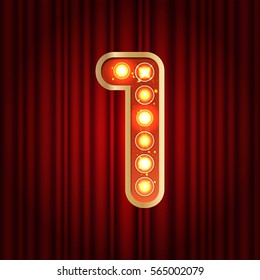 Realistic retro gold lamp bulb font number 1. Part of alphabet in vintage casino and slots style.  Vector shine symbol of alphabet with golden light and sparkles on red curtains background show style