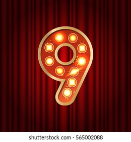 Realistic retro gold lamp bulb font number 9. Part of alphabet in vintage casino and slots style.  Vector shine symbol of alphabet with golden light and sparkles on red curtains background show style