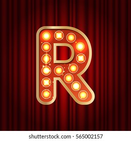 Realistic retro gold lamp bulb font letter R. Part of alphabet in vintage casino and slots style.  Vector shine symbol of alphabet with golden light and sparkles on red curtains background show style