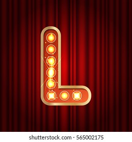Realistic retro gold lamp bulb font letter L. Part of alphabet in vintage casino and slots style.  Vector shine symbol of alphabet with golden light and sparkles on red curtains background show style
