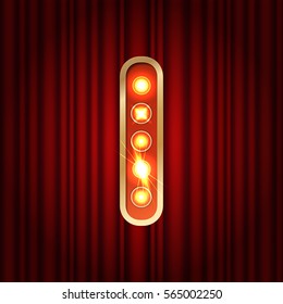 Realistic retro gold lamp bulb font letter I. Part of alphabet in vintage casino and slots style.  Vector shine symbol of alphabet with golden light and sparkles on red curtains background show style