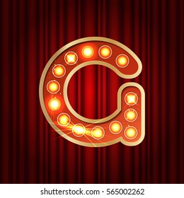 Realistic retro gold lamp bulb font letter G. Part of alphabet in vintage casino and slots style.  Vector shine symbol of alphabet with golden light and sparkles on red curtains background show style