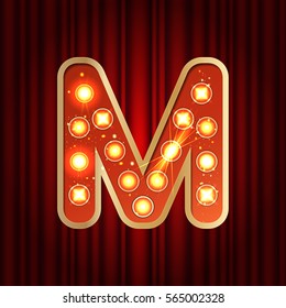 Realistic retro gold lamp bulb font letter M. Part of alphabet in vintage casino and slots style.  Vector shine symbol of alphabet with golden light and sparkles on red curtains background show style