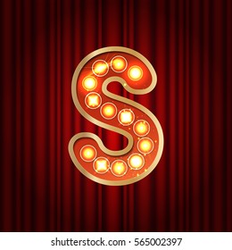 Realistic retro gold lamp bulb font letter S. Part of alphabet in vintage casino and slots style.  Vector shine symbol of alphabet with golden light and sparkles on red curtains background show style