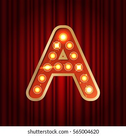 Realistic retro gold lamp bulb font letter A. Part of alphabet in vintage casino and slots style.  Vector shine symbol of alphabet with golden light and sparkles on red curtains background show style