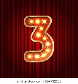 Realistic retro gold lamp bulb font number 3. Part of alphabet in vintage casino and slots style.  Vector shine symbol of alphabet with golden light and sparkles on red curtains background show style