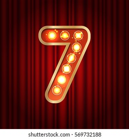 Realistic retro gold lamp bulb number 7. Part of alphabet in vintage casino and slots style.  Vector shine symbol of alphabet with golden light and sparkles on red curtains background show style