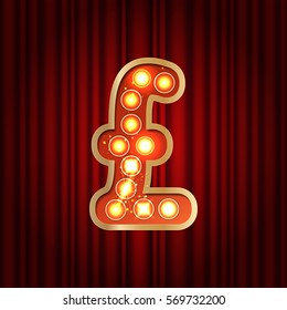 Realistic retro gold lamp bulb font money symbol pound. Part of alphabet in vintage casino and slots style.  Vector shine symbol of alphabet with golden light and sparkles on red curtains background 