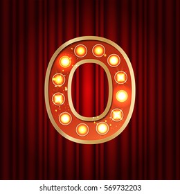 Realistic retro gold lamp bulb number 0. Part of alphabet in vintage casino and slots style.  Vector shine symbol of alphabet with golden light and sparkles on red curtains background show style