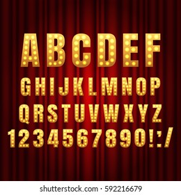 Realistic retro gold lamp font letters. Broadway style light bulb alphabet in vintage casino and slots style.  Vector shine symbols with golden light and sparkles on red curtains background show style