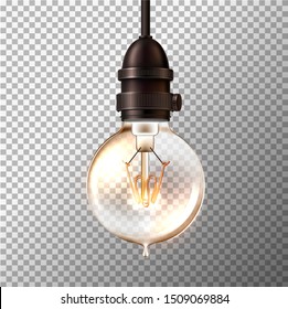 Realistic retro light bulb on transparent background. Vector glowing vintage lamp in steam punk style. Symbol of electricity and creativity.