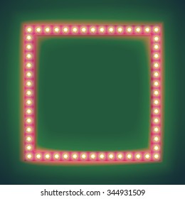 Realistic Retro light Bulb in the Square. Glowing Cinema Signboard with Light Bulb with a Blank Space for Text. 3D Volumetric Frame for your Template, Advertising, Promotions, text. Vector 