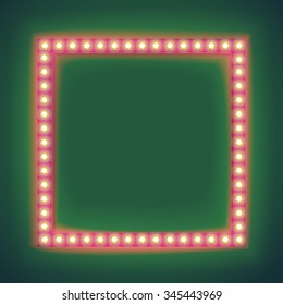 Realistic Retro light Bulb in the Square. Glowing Cinema Signboard with Light Bulb with a Blank Space for Text. 3D Volumetric Frame for your Template, Advertising, Promotions, text. Vector 