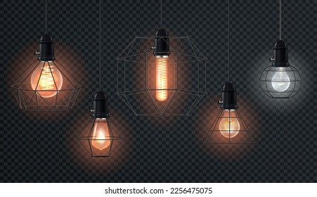 Se ponen lámparas retro realistas. Diseño vintage decorativo, lámparas edison de diferentes formas. Lámparas de estilo antiguo con cobre.