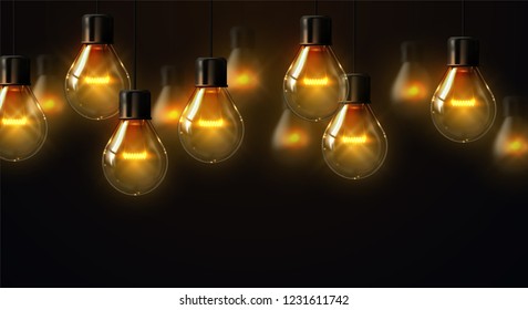 Realistic retro light bulbs. Vector 3d illustration. Hanging lightbulbs. Decoration element. Creative idea concept