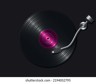 Realistic retro music turntable for vinyl records top view vector illustration.