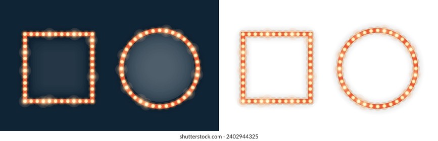 Realistic retro rectangle and circle neon marquee billboard for decoration. Concept of cinema and broadway. Isolated over transparent
