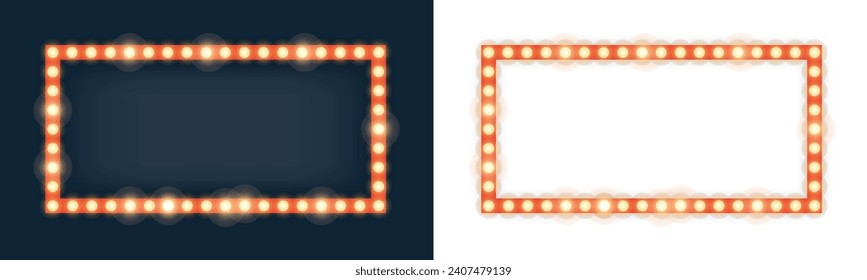 Realistic retro rectangle and circle neon marquee billboard for decoration. Concept of cinema and broadway. Isolated over transparent svg