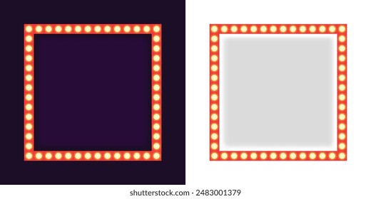 Realistic retro rectangle and circle neon marquee billboard for decoration. Concept of cinema and broadway. Isolated over transparent