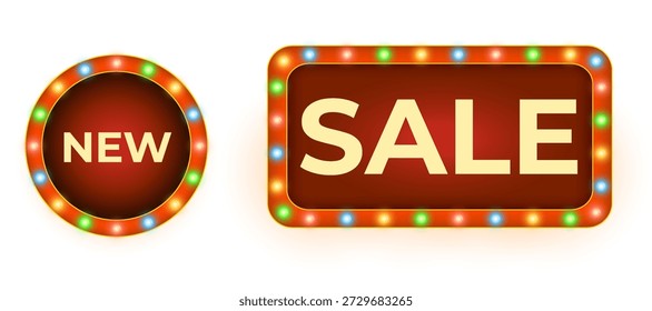 Cartelera de neón de la carpa del rectángulo y del círculo retro realista con las bombillas brillantes aisladas en el fondo transparente de PNG, perfecto para los Anuncios del cine, los carteles del espectáculo de Broadway, la publicidad del partido y vin