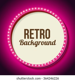 Realistic retro round frame with lights. Pink 3d frame with lights and white background for your text messages, promotions or discounts. Neon light falls on the black wall. Vector illustration