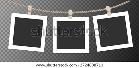 Realistic retro set photo frames hanging on rope isolated on white background vector illustration. Vector illustration of square blank paper.