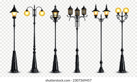 Realistic retro street lanterns set isolated on transparent background vector illustration
