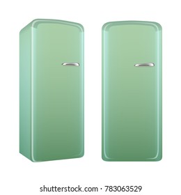 Realistic retro style kitchen refrigerator, painted in green color. Vector illustration set isolated on white background.