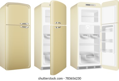 Realistic retro style kitchen refrigerator, painted in beige color. Vector illustration set isolated on white background.