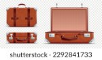 Realistic retro travel baggage transparent icon set from three angles on transparent background vector illustration
