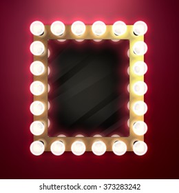 Realistic retro vintage make up mirror with light bulbs vector illustration. Beauty backstage design concept.