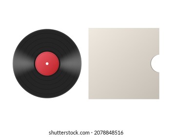 Realistic retro vinyl disc and blank cover. Black vintage record with old music album. Mockups of disk and paper package for place advertisement. Vector isolated 3d illustration