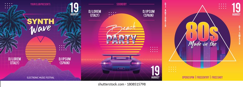 Realistic retro wave party design concept with set of call boards with announcement text and date vector illustration