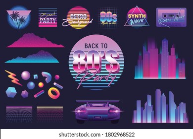 Realistic retro wave party set of isolated icons and gradient neon colored logotypes signs and skyscrapers vector illustration