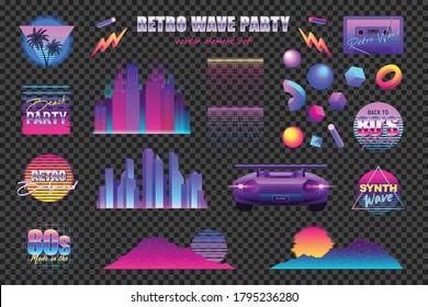 Realistic retro wave party transparent set with neon icons logos artwork elements skyscrapers and car images vector illustration