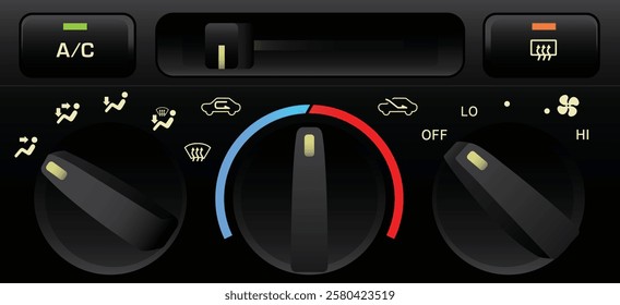 Realistic RHD car electronics climate control dial knob type for temperature setting fan speed control and mode control included slide mechanism air circulate switch without label illustration vector.