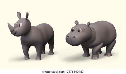 Realistisches Nashorn und Nilpferd. Große graue Tiere der Savanne