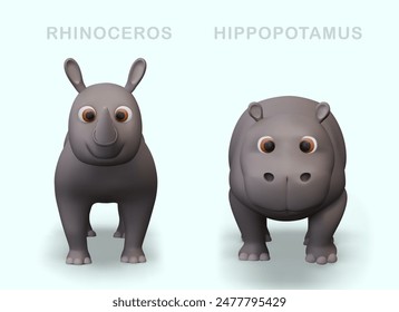 Realistisches Nashorn und Nilpferd auf blauem Hintergrund. Vektorgrafik Wildtiere