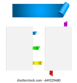 Realistic ribbon, paper scroll banner, bookmarks. Book mock up isolated on white. Vector illustration, design template